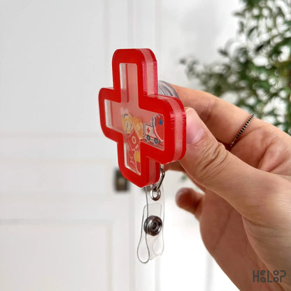 Urgent care badge reel side view showing 3D layered acrylic body