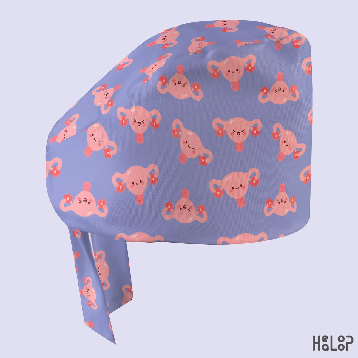 Cute uterus classic surgical hat side view, featuring pink uterus characters with different expressions and floral accents on lavender fabric. Copy