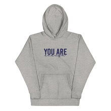 Carbon Grey hoodie with 'You are enough' embroidered in blue on the front, promoting self-worth and mental health awareness.